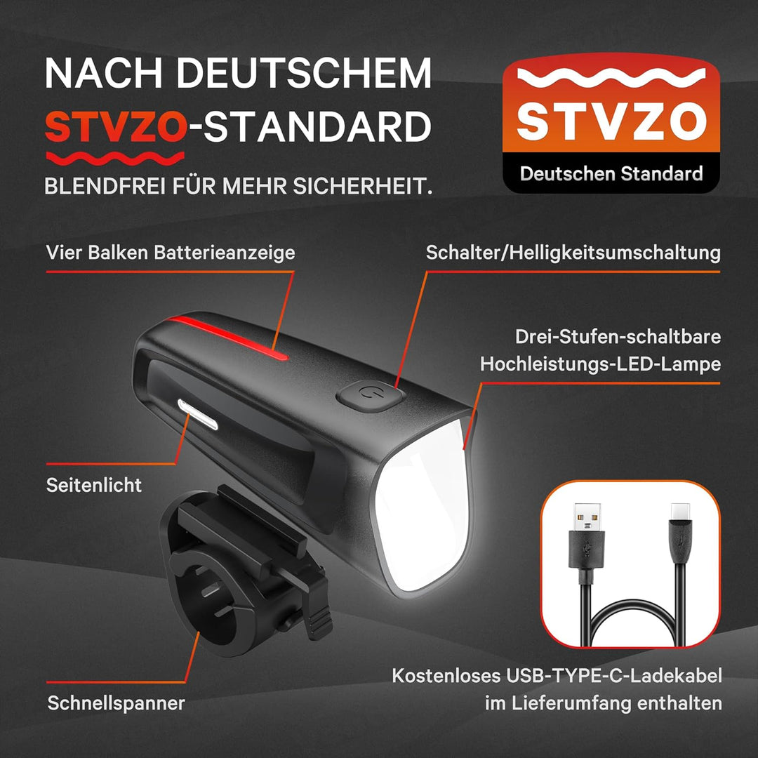 LED Fahrradlicht Vorne 100 LUX, Fahrradbeleuchtung stvzo zugelassen, Fahrradlampe USB Aufladbar mit