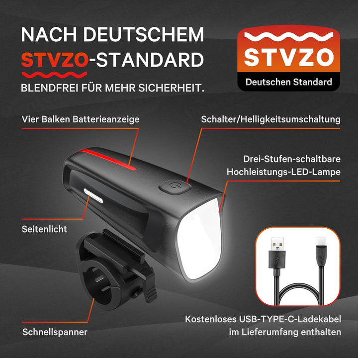 LED Fahrradlicht Vorne 100 LUX, Fahrradbeleuchtung stvzo zugelassen, Fahrradlampe USB Aufladbar mit