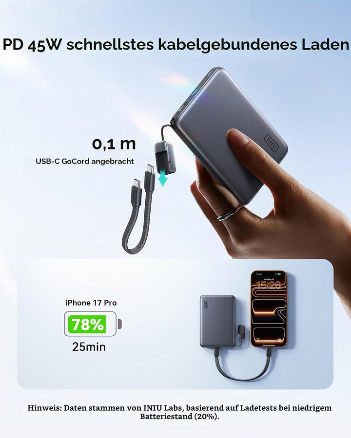 INIU for MagSafe Power Bank, 10000mAh Qi2 25W Kabelloses &amp; 45W USB C Charge | Wireless Fast Charging