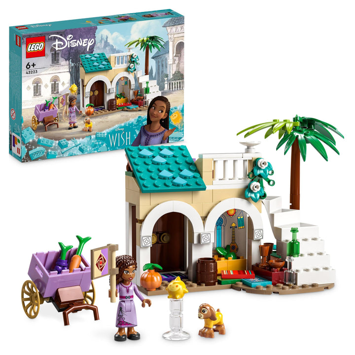 LEGO 43223 Disney Wish Asha in der Stadt Rosas, Wish-Film-Set mit Marktplatz, Asha-Minipuppe, Valent