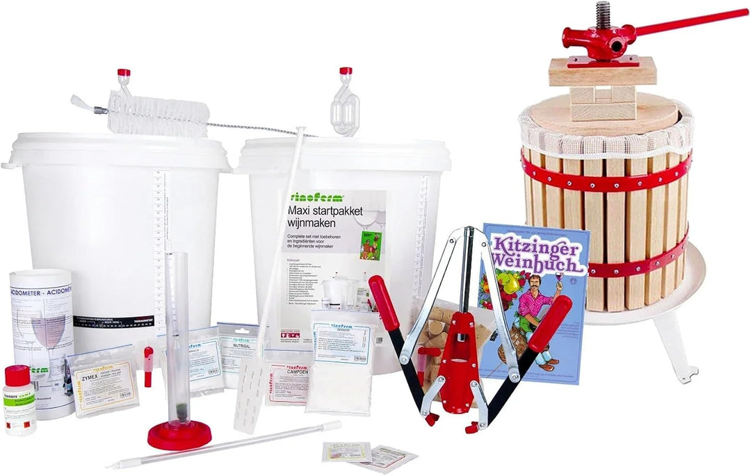 Wein selber machen Set Maxi Rotwein - Fruchtwein Set mit 12 Liter Obstpresse, 2x 30L Gärbehälter und