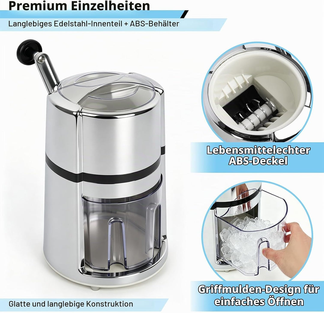 Ice Crusher, Manueller Eiscrusher Edelstahl 1,1 L, Crushed Ice Maker mit Handkurbel, Edelstahl Manue