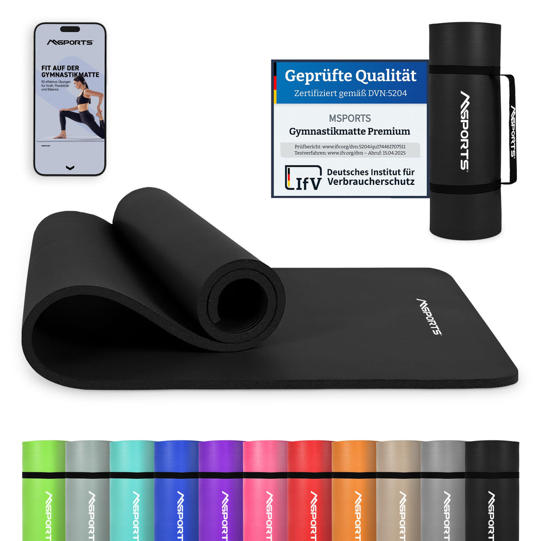 MSPORTS Gymnastikmatte Premium inkl. Tragegurt + Übungsposter + Workout App I Hautfreundliche Fitnes