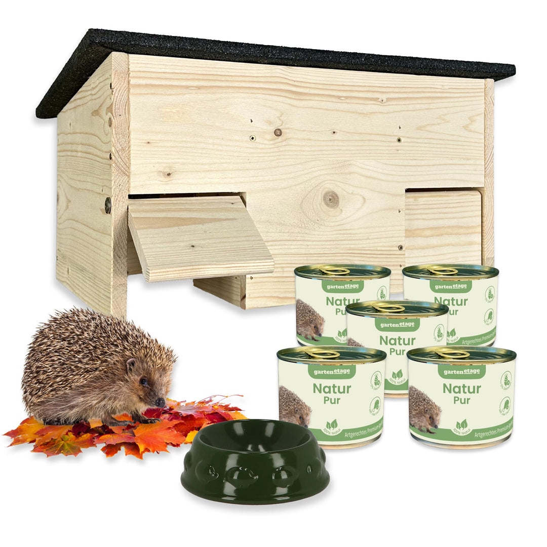 GARTENETAGE Igel-Starter-Set mit Igel Futterhaus und Rattenklappen inkl. Futterschale &amp; 5X Premium-I