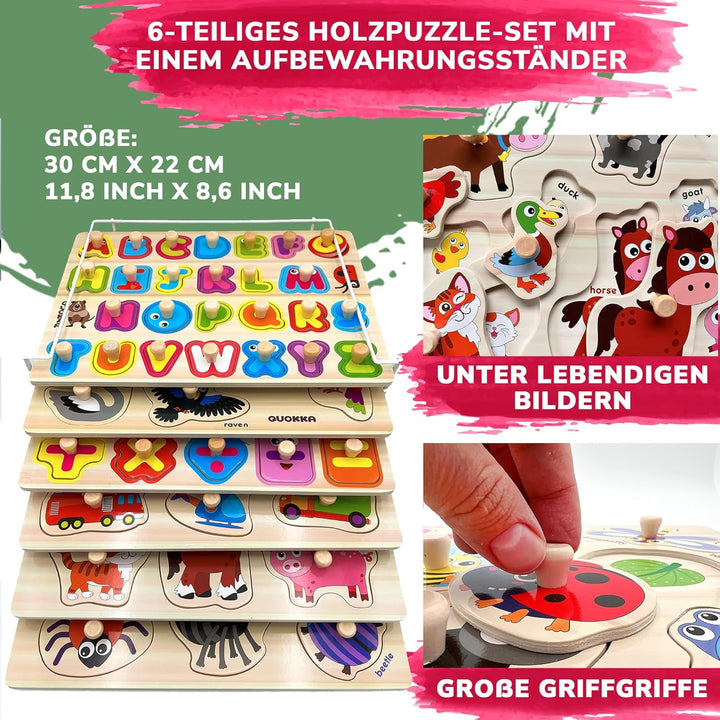 Steckpuzzle Holz ab 1 2 Jahre - 6 Set Spielzeug Puzzle ab 2 3 Jahre - ABC Lernspiele für Kinder - Ge