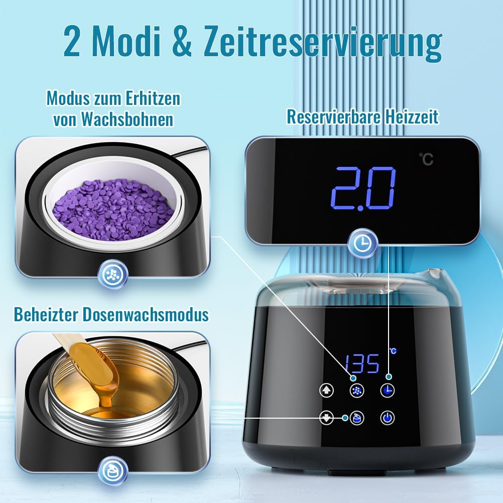 Waxing Set LCD,2 Heizmodi Haarentfernung Wachswärmer 4 Wachsbohnen 20 Holzspateln,Reservierbare Heiz