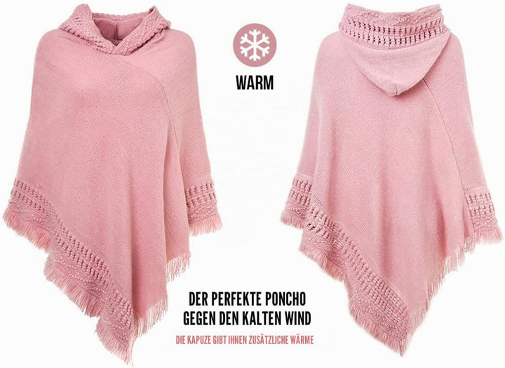 Ferand Damen Poncho mit Kapuze und gehäkeltem Cape mit Fransensaum für Herbst Winter Einheitsgrösse