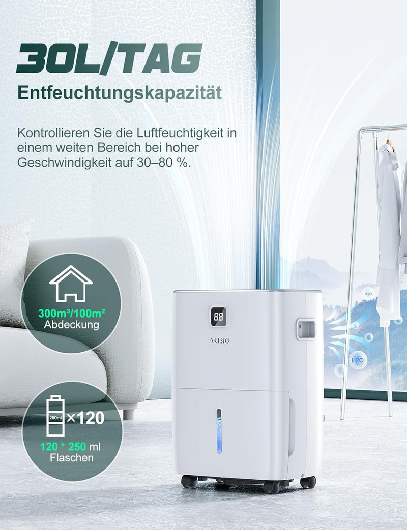 Luftentfeuchter Elektrisch 30L/24H, Mit Feuchtigkeitssensor und LED-Anzeige, Raumgrösse ca.300m³/100