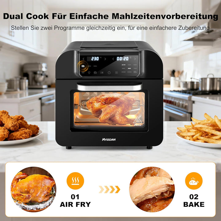 16L Heissluftfritteuse mit Rotisserie Grosse Kapazität Bis zu 230°C 12 smarte Kochfunktionen Air Fry