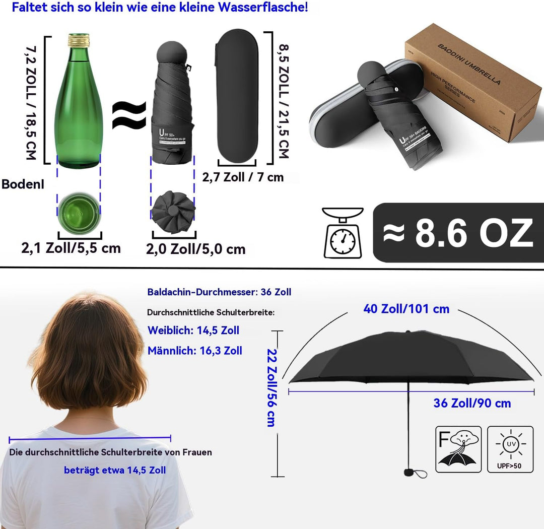 BAODINI Reise-Mini-Regenschirm für Geldbörse mit Etui, klein, kompakt, UV-Schutz, sonnenleicht, klei