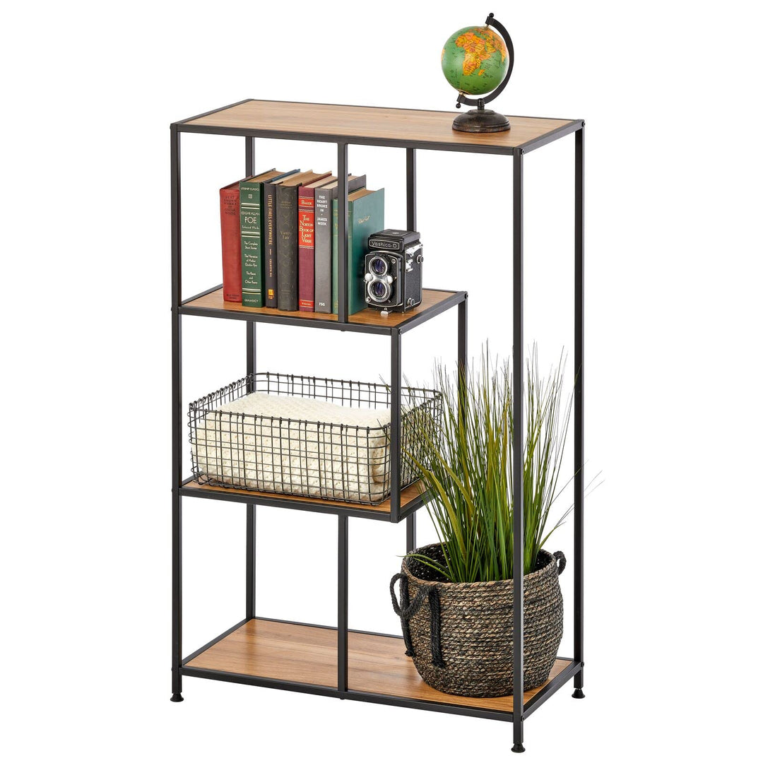 mDesign Bücherregal mit vier Ebenen – kleines Buch Regal aus Metall und Holz – modernes Raumteiler R