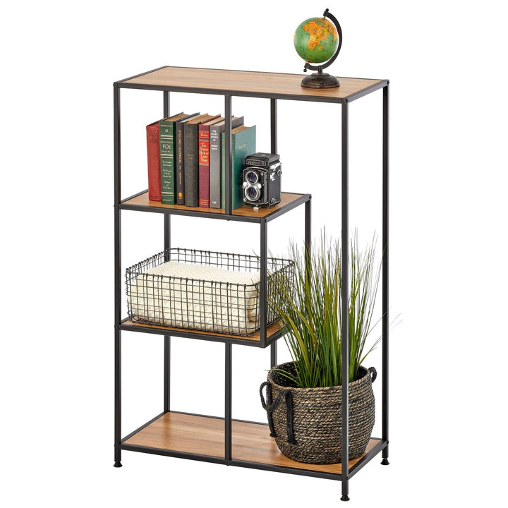 mDesign Bücherregal mit vier Ebenen – kleines Buch Regal aus Metall und Holz – modernes Raumteiler R