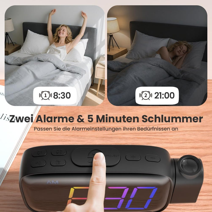 ELEHOT-Store Radiowecker mit projektion,180°Projektionswecker,12/24H Wecker Digital Snooze Funktion,