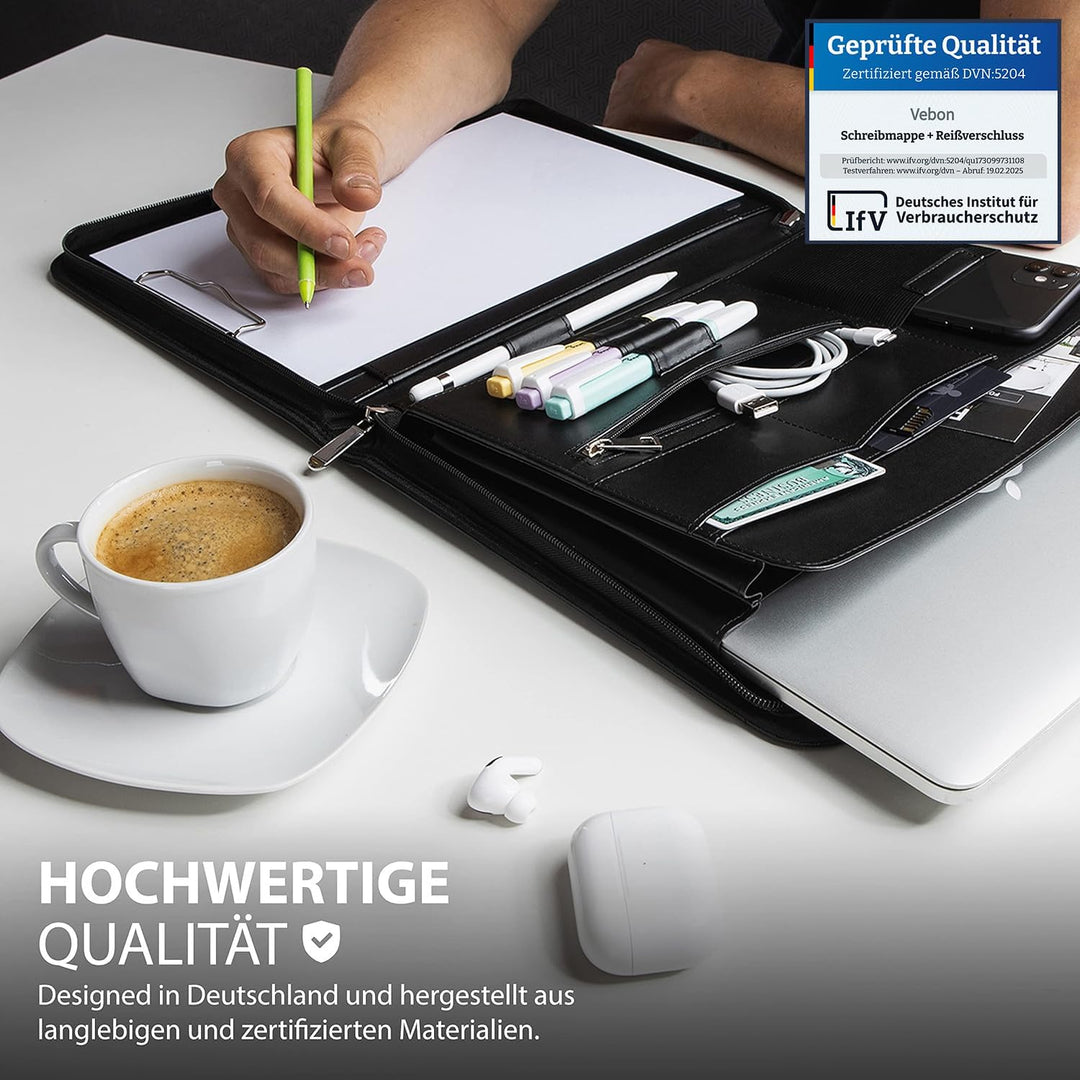 Vebon® Schreibmappe A4 gross Rom I Doppel Reissverschluss + Klemmbrett I Konferenzmappe + Laptoptasc
