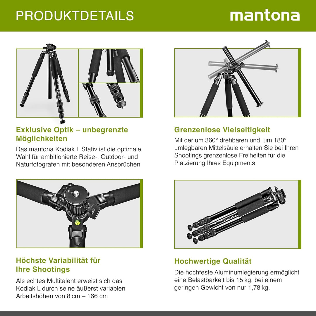 Mantona Kodiak L Fotostativ - 510 x 105 x 105 mm - 15 kg Traglast / 8-166 cm Höhe - Aluminium - stab