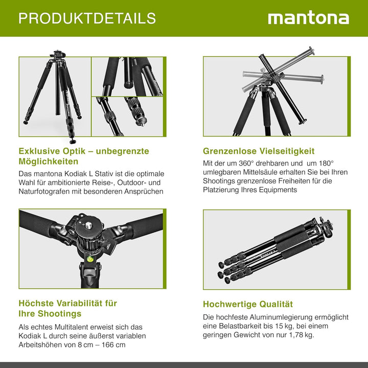 Mantona Kodiak L Fotostativ - 510 x 105 x 105 mm - 15 kg Traglast / 8-166 cm Höhe - Aluminium - stab