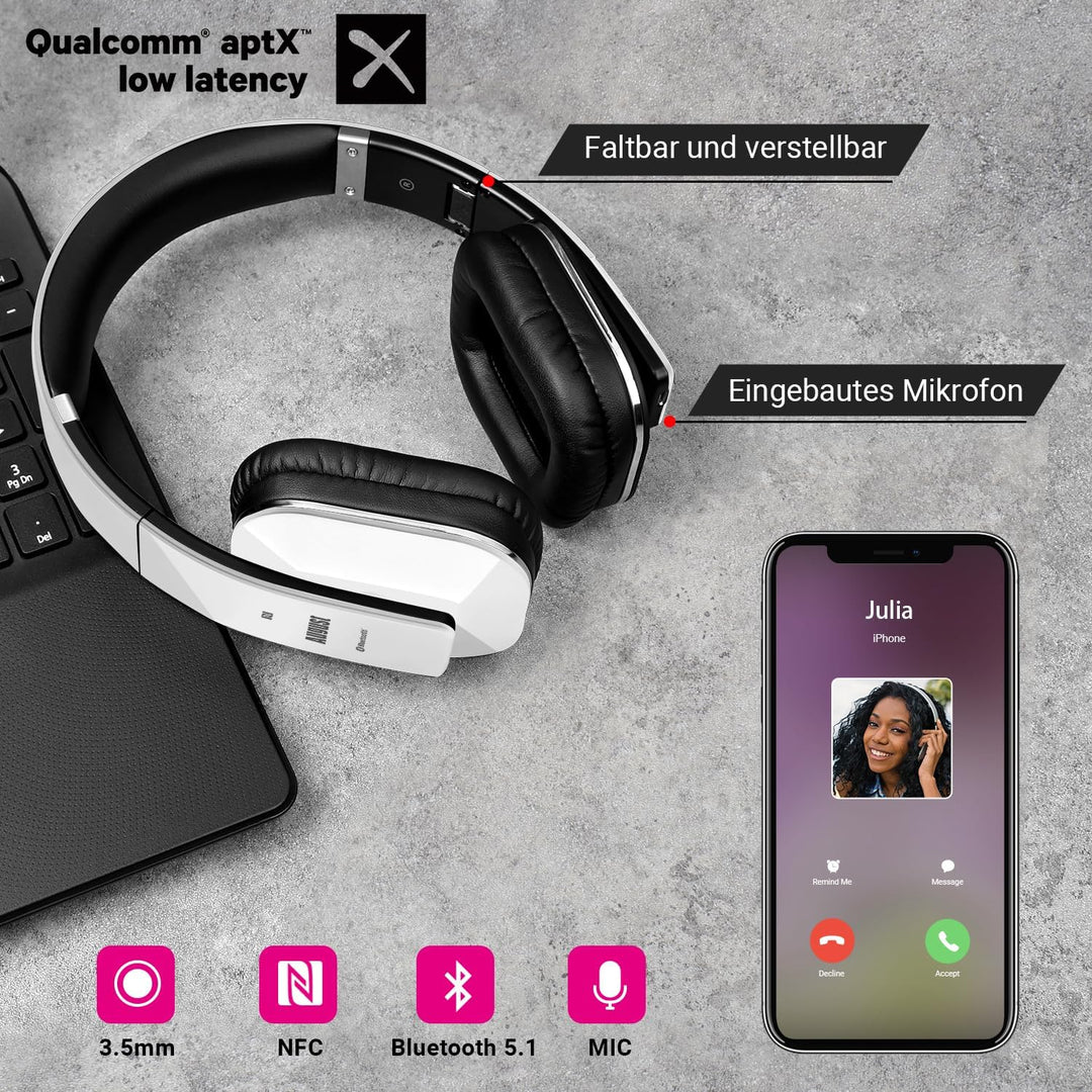 August EP650 - Bluetooth Kopfhörer v4.2 NFC mit aptX Low Latency - Stereo Over Ear Headphones mit Au