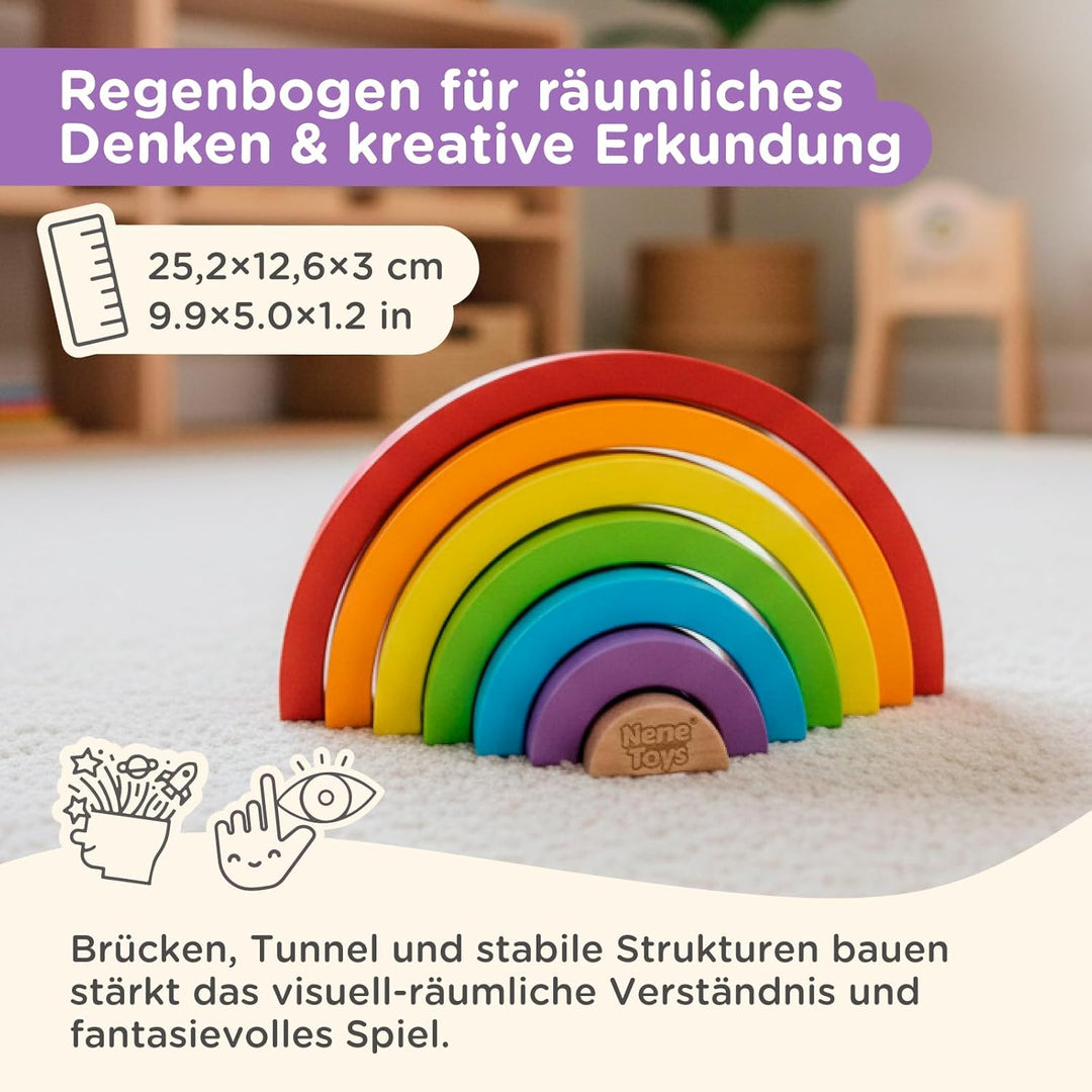 Nene Toys Montessori Holzspielzeug ab 1 Jahr – FSC 3-in-1 Regenbogen, Stapelturm & Sortier-Steckspie