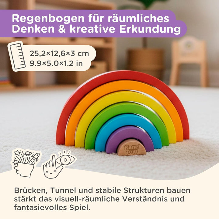 Nene Toys Montessori Holzspielzeug ab 1 Jahr – FSC 3-in-1 Regenbogen, Stapelturm & Sortier-Steckspie