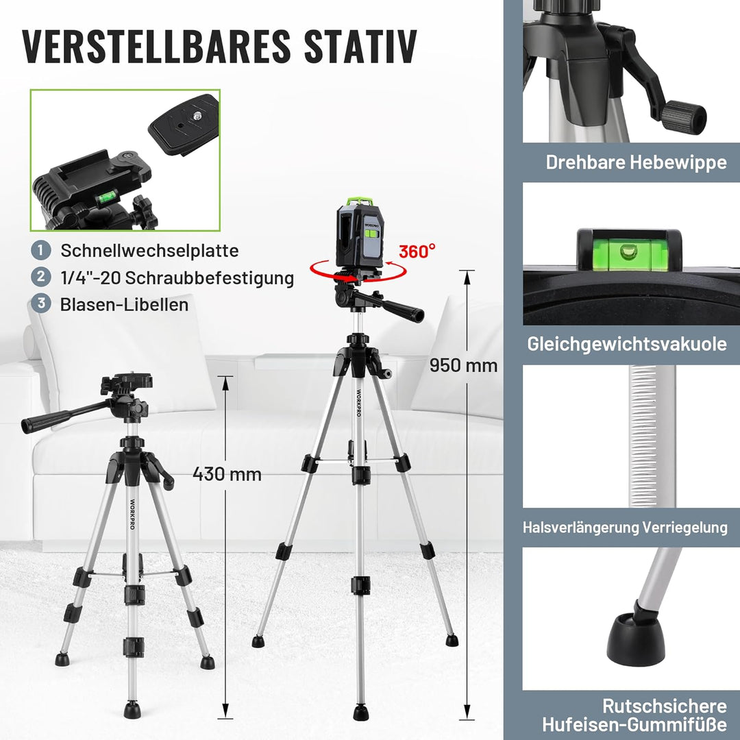 WORKPRO 360° Laserwasserwaage mit Stativ, 30 m Grüner Kreuzlinienlaser, Horizontal/Vertikal/Kreuzlin