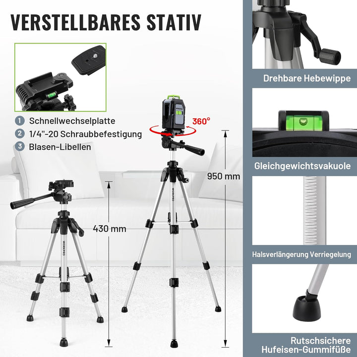 WORKPRO 360° Laserwasserwaage mit Stativ, 30 m Grüner Kreuzlinienlaser, Horizontal/Vertikal/Kreuzlin