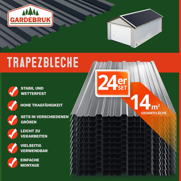 GARDEBRUK® 24x Trapezblech 129x46cm = 14m² Verzinkt Rostresistent Wetterfest Profilblech Dachblech W