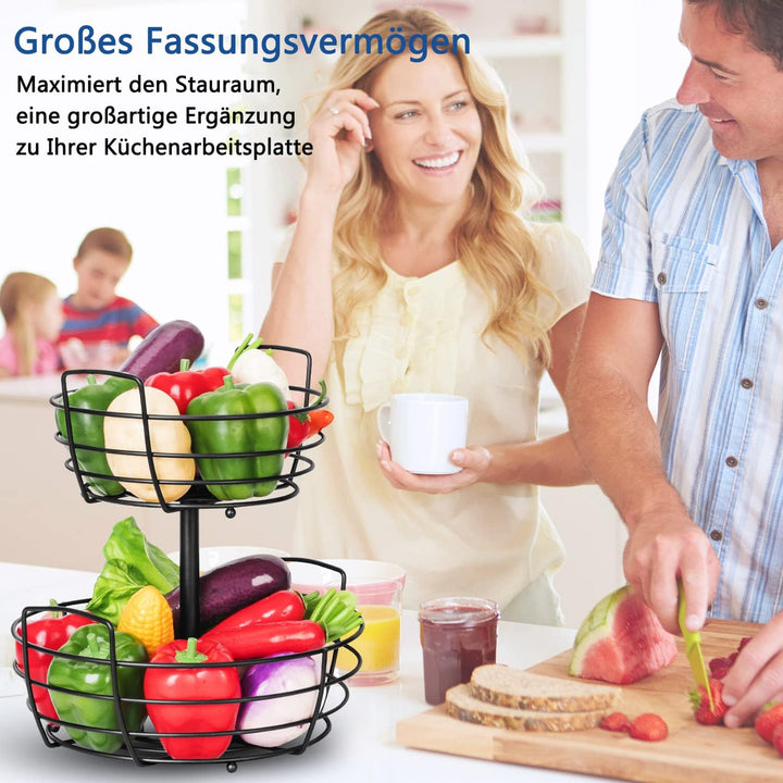 Obstkorb 2 Stöckig mit Bananenhaken - Metall Obststaender für die Arbeitsfläche - Küche Deko Obstsch