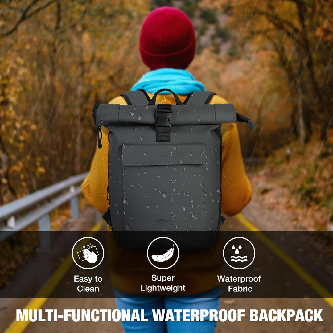 Rolltop Rucksack Damen & Herren, Elegant Laptop Rucksack Wasserdicht mit 17 Zoll Laptopfach, Grosser