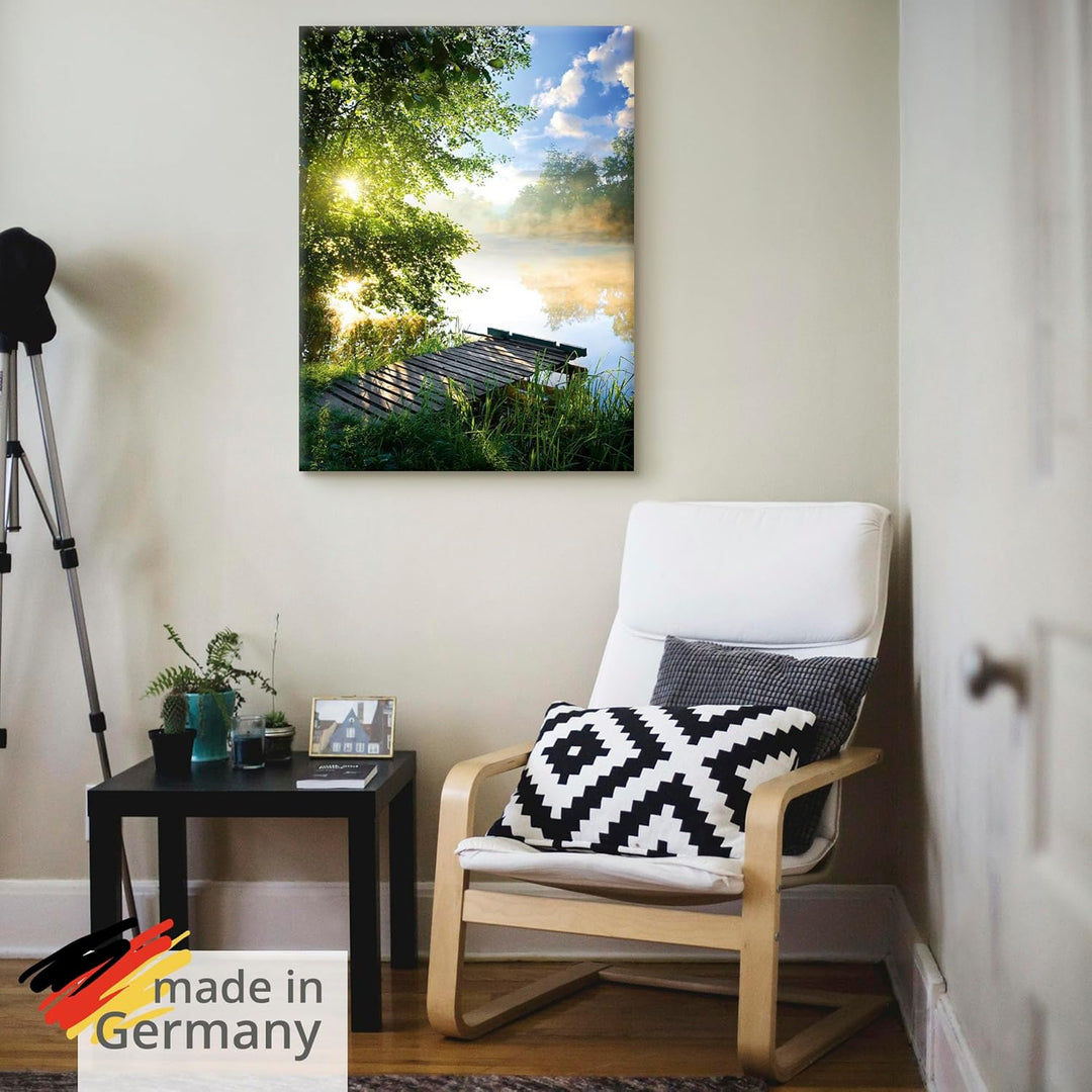 ARTland Leinwandbilder Wandbild Bild Leinwand 60x80 cm Natur Landschaft Wald Baum See Steg Sommer So