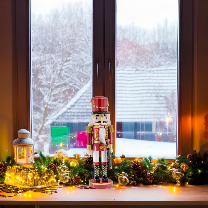 Kaladia Deko Nussknacker Figur Soldat aus Holz – Höhe: 38 cm – moderner Weihnachtsnussknacker in Rot