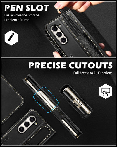 SHIELDON Hülle für Galaxy Z Fold 5 5G, Echtleder Handyhülle [Ständer] [S Pen Halter] Case [Kartenfac