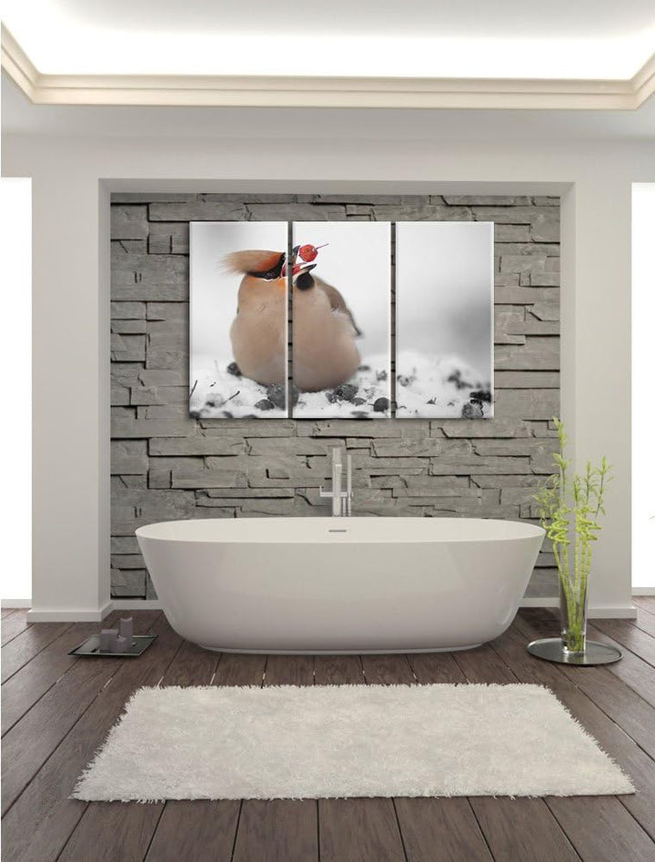 Pixxprint Kleiner Vogel im Schnee Schwarz/Weiss 3-Teiler Leinwandbild 120x80 Bild auf Leinwand