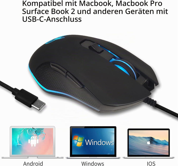 IULONEE Kabelgebundene Gaming-Maus USB C geräuscharmes Klicken 7 Farben Hintergrundbeleuchtung optis