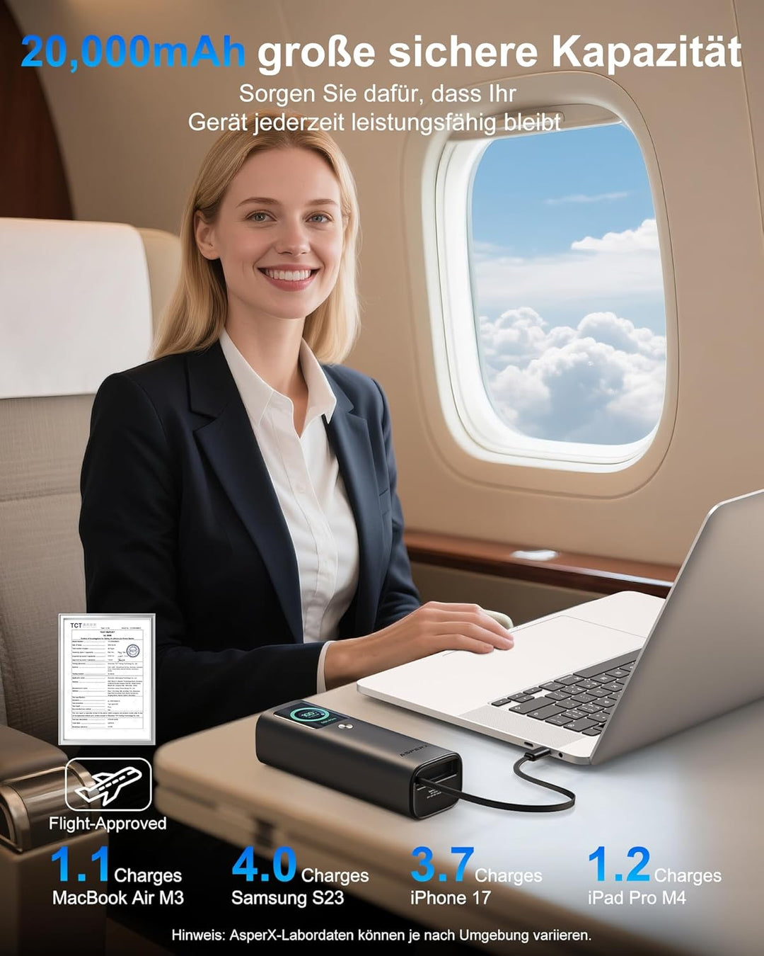 AsperX Power Bank 20000mAh-2x PD 100W Alulegierung Laptop Powerbank USB-C Schnellladung, Insgesamt 1