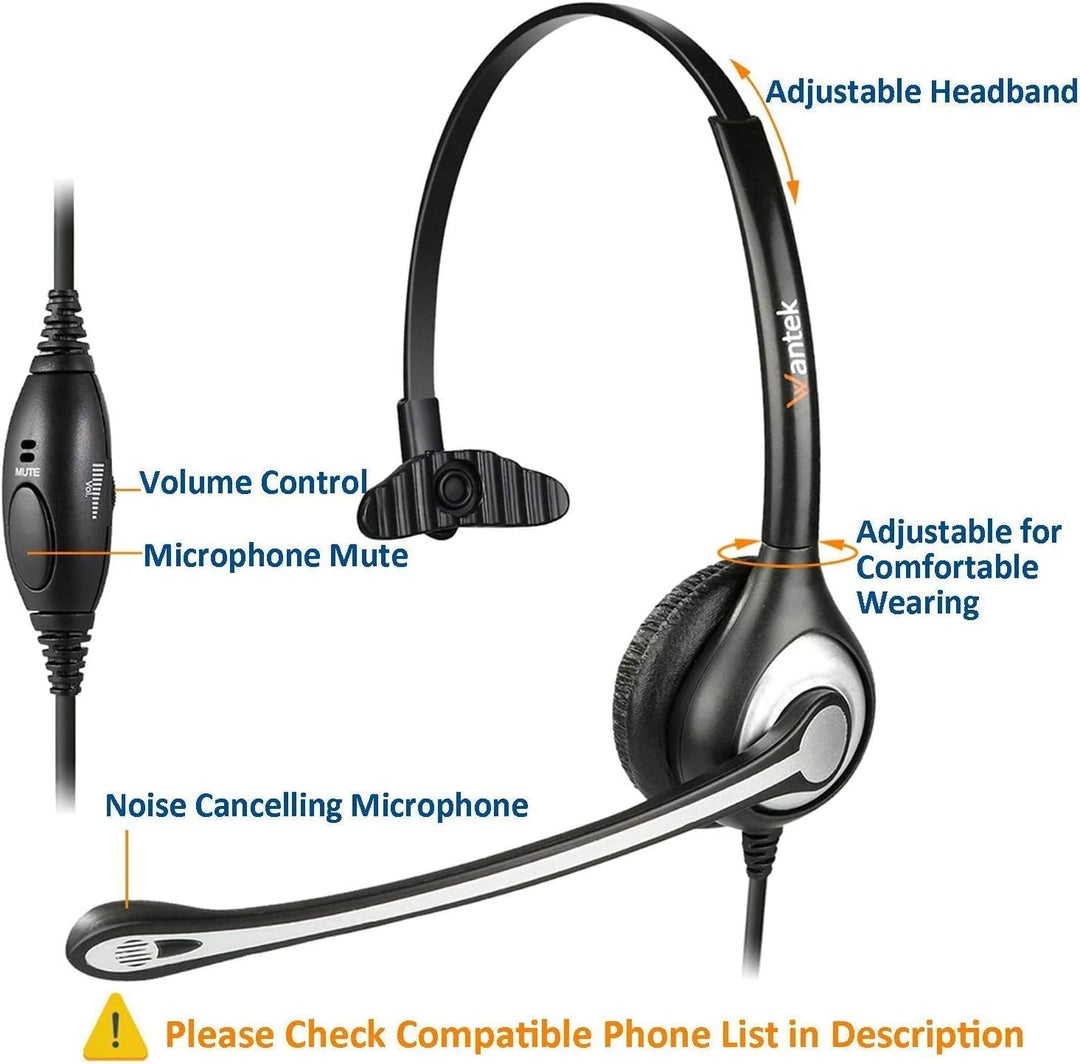 Wantek RJ9 Telefon Headset mit Mikrofon Noise Cancelling & Lautstärkeregler, Festnetztelefon Kopfhör