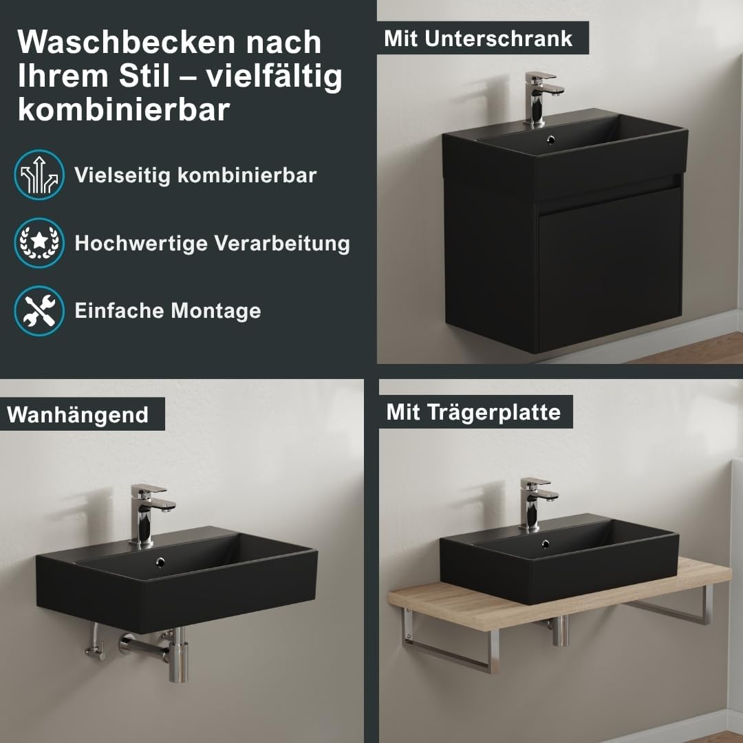 Aqua Bagno | Eckiges Design Waschbecken mit dünnem Rand, Trendfarbe schwarz matt, hochwertige Kerami