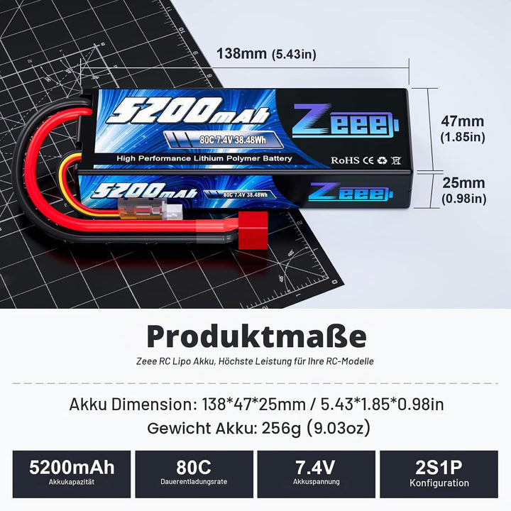 Zeee 2S Lipo Akku 5200mAh 7,4V 80C RC Lipo Batterien mit T Stecker für RC Evader BX Auto Car Truck L