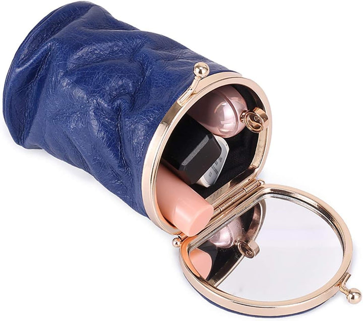 Lippenstift-Etui mit Spiegel, echtes Leder, kleine Reise-Make-up-Kosmetiktasche, Aufbewahrungstasche