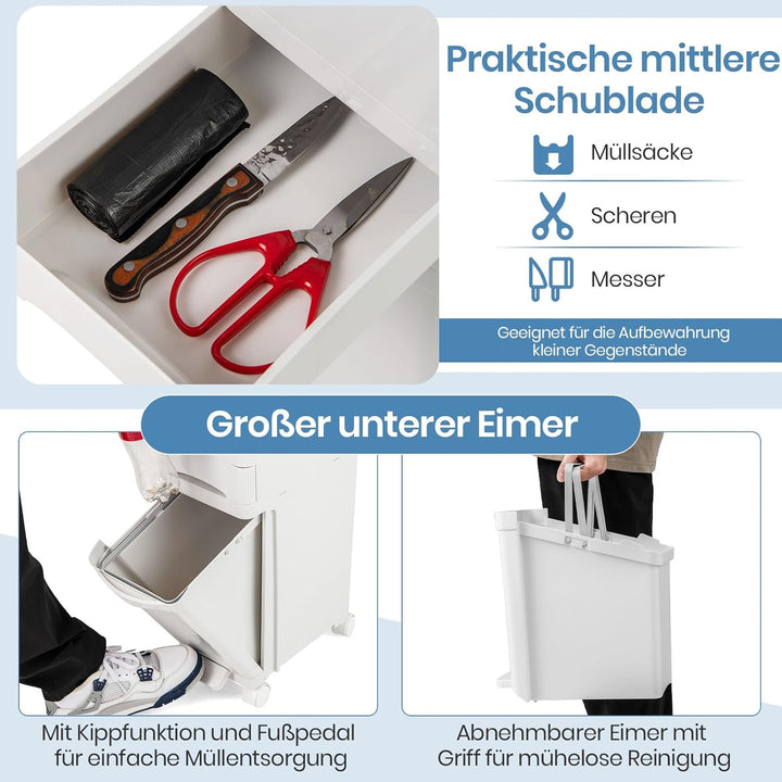 GOPLUS Mülleimer 3 Fächer, 32L Abfalleimer Küche mit Rollen, Mülltrennsystem mit Kippbehälter, Decke
