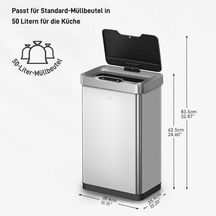 EKO Mirage-T 50 Liter Rechteckiger Mülleimer mit Bewegungsmelder, berührungslos, Gebürstetes Edelsta