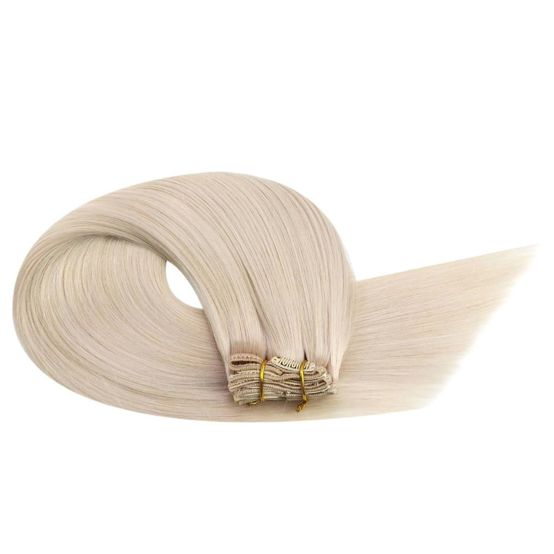 Ugeat Dicke Clip in Extensions Echthaar Weiss Blond 35cm Farbe 60A Extensions Echthaar 105Gramm Komp