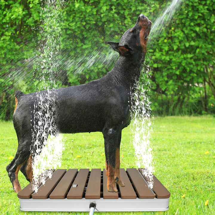 WPC Bodendusche Aussendusche Einstellbare mit Fussrad & rutschfeste Standfläche Wetterfest Holzoptik