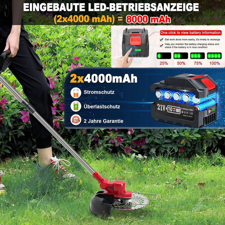 Rasentrimmer mit Akku für Makita Akku, Rasentrimmer mit Unkrautbürste und 2 x4.0MA Akku, Garten-Rase