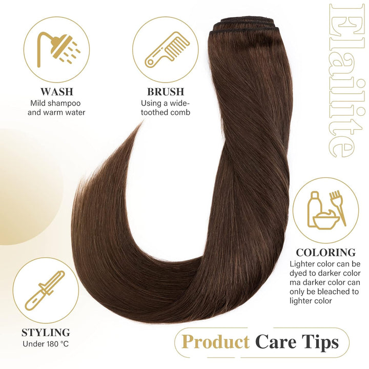 Elailite Extensions Echthaar Clip in 8 Tressen Voller Kopf #4 Mittel braun Haarverlängerung Real Hum