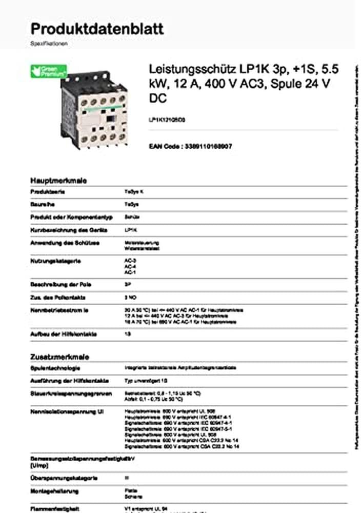 Schneider Electric - Leistungsschütz LP1K 3p, 400 V AC3, Spule 24 V DC, +1S, 5.5 kW, 12 A, LP1K1210B