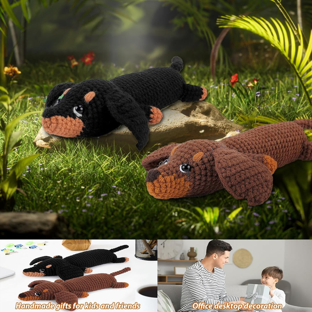 CEWROM Häkelset für Anfänger, 2 Komplett Dackel Hund Häkeln Set, mit Garnhaken, Nadeln, Häkelset, An