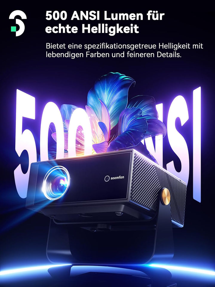SOOMFON Smart Beamer 4K Heimkino - Kleiner Beamer für Handy Autofokus ＆ Trapezkorrektur, Mini Projek