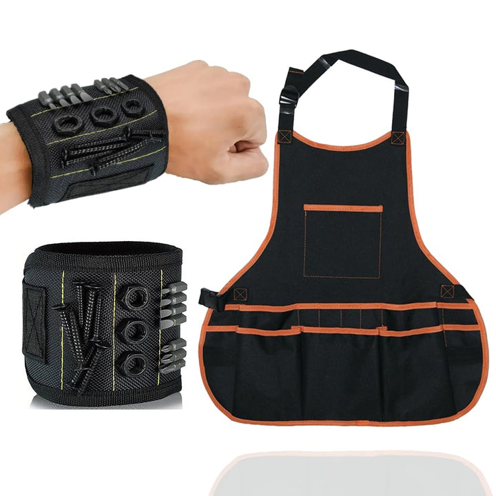 Werkzeugschürze mit Magnetarmband Set für Handwerker & Werkstatt - Verstellbare Arbeitsschürze für H