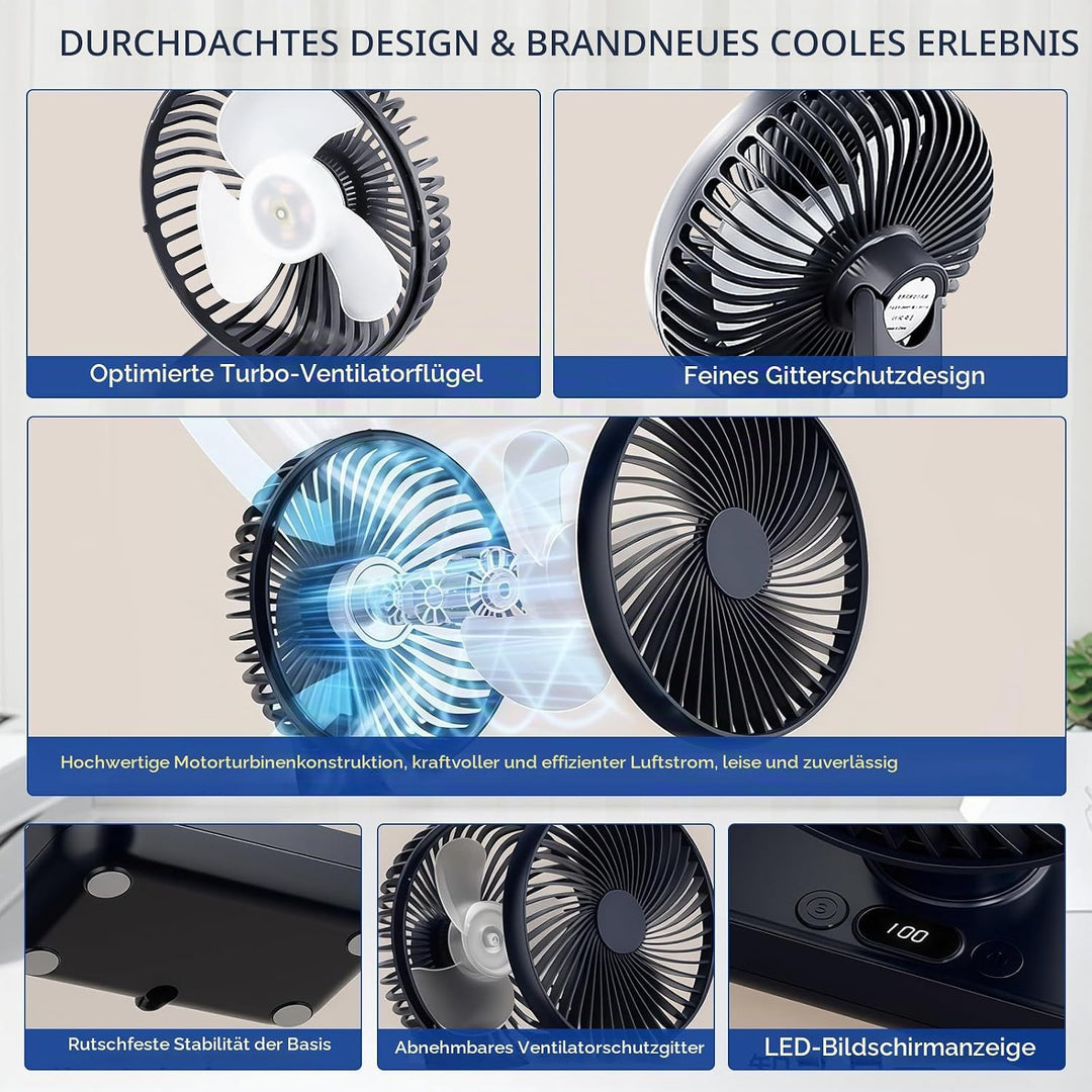 Mini Tischventilator Leiser, 120°Oszillation, 4 Geschwindigkeiten, USB Ventilator mit Akku 4000mAh,