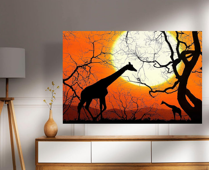Leinwandbilder mit Giraffen, Bäume und Sonne, gerahmt, Wandkunst, Heimbüro, Arbeitsposter, Kunstwerk